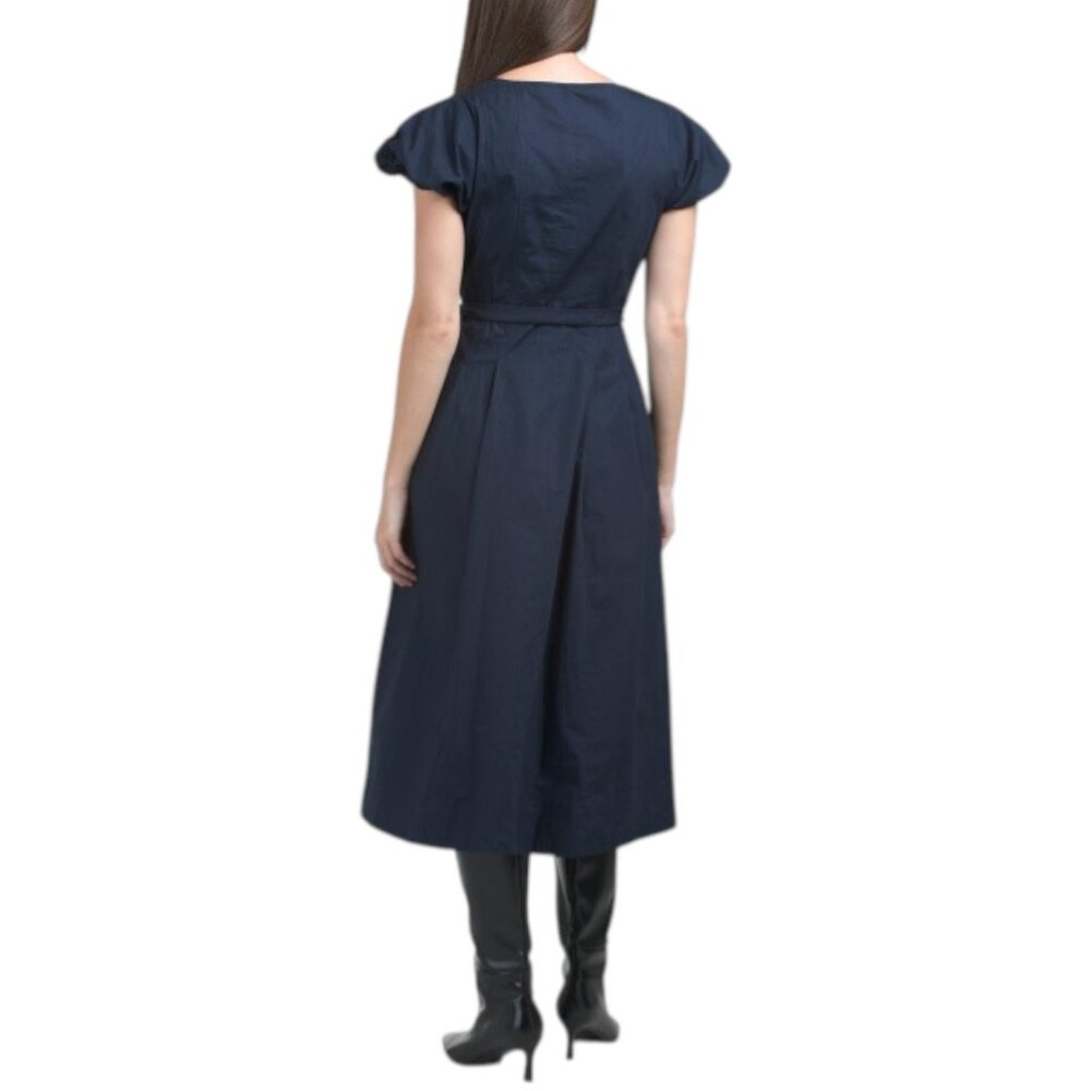 ELIE TAHARI Puff Sleeve Scoop Neck Button Down Midi Dress With Tie Belt - Picture 2 of 2